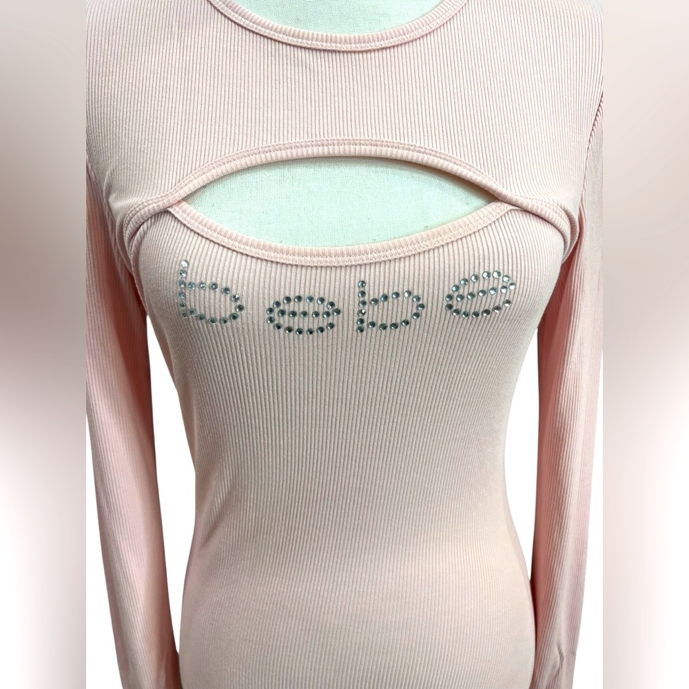 Bebe Y2K Rhinestone Logo Cutout Bodycon Midi Dress Blush Pink Ribbed Size M - Picture 4 of 11